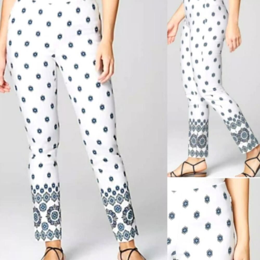 J. JILL Women's 18 White Blue Floral Boho Essential Cotton Stretch Pull On Pants